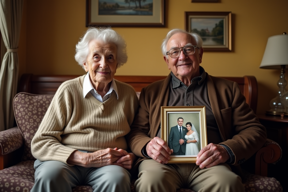 Couple âgé avec photo de mariage ancienne