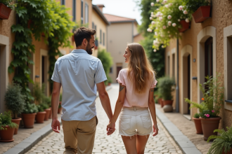 Jeune couple marchant dans un village européen charmant