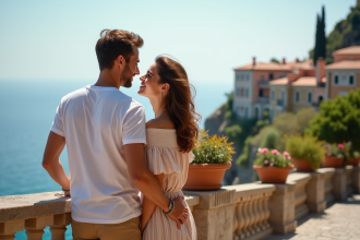 Jeune couple souriant sur un balcon méditerranéen