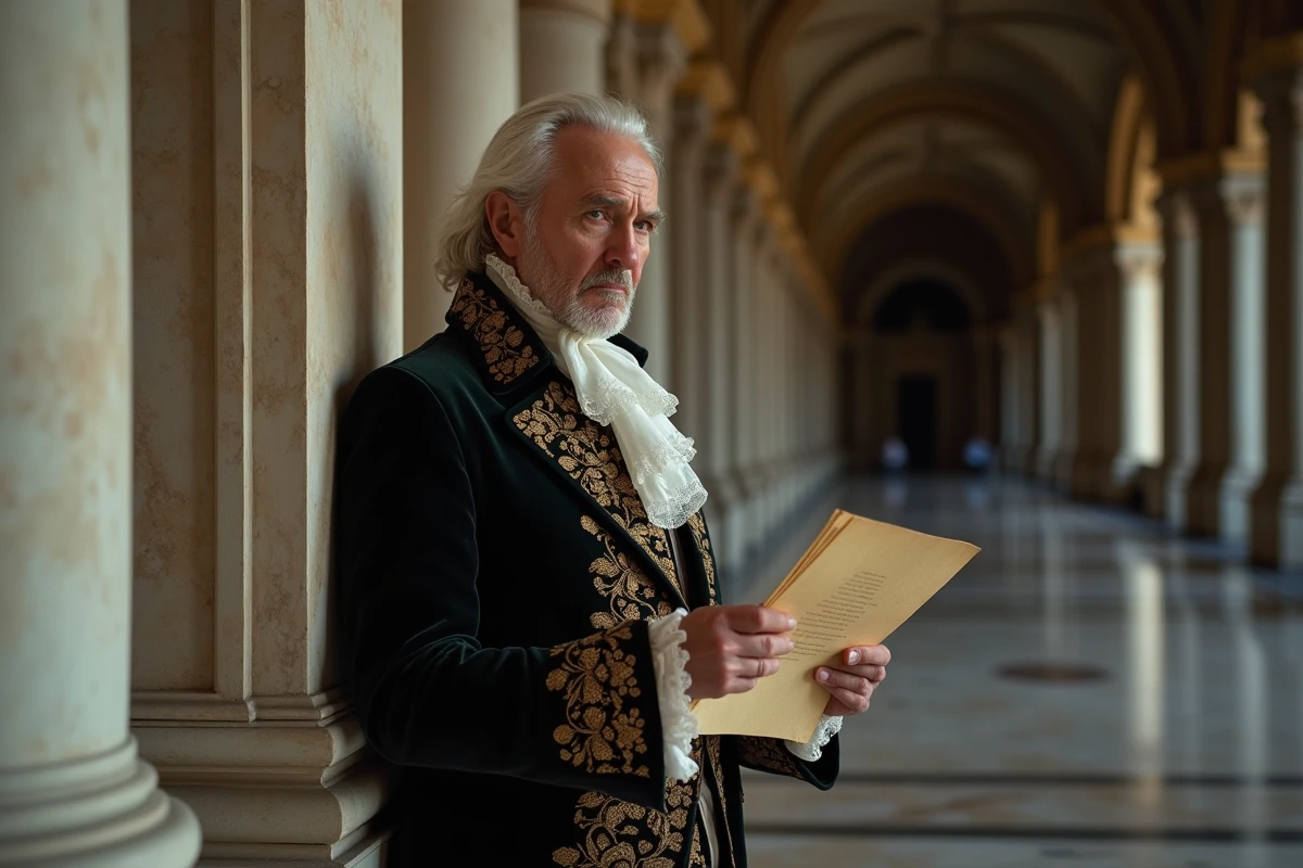 Homme courtois en costume Louis XIV regardant une lettre