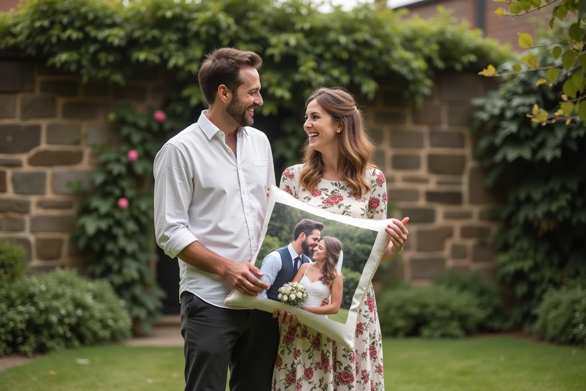 Couple tenant un coussin photo personnalisé comme cadeau de noces de coton dans un jardin