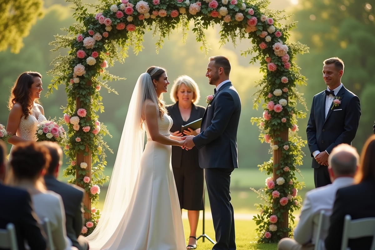 Cérémonie de mariage en extérieur avec arche florale et invités