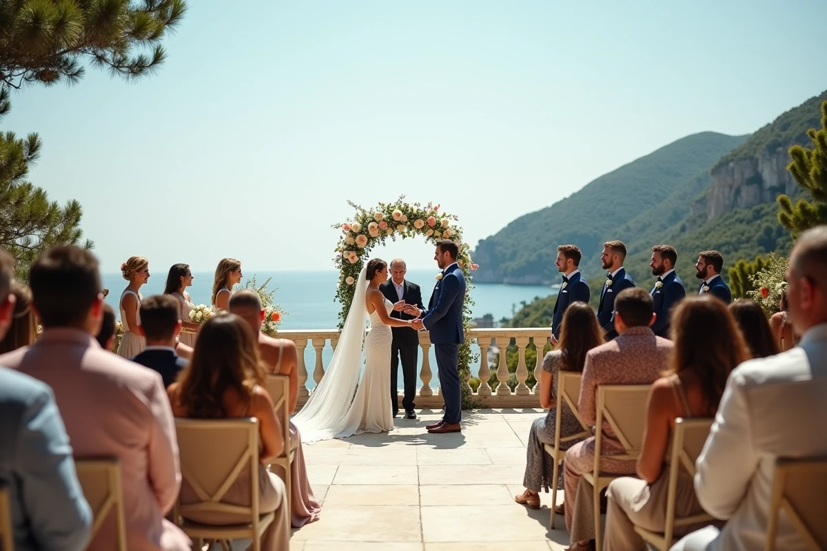 Cérémonie de mariage en plein air sur une terrasse en bord de mer