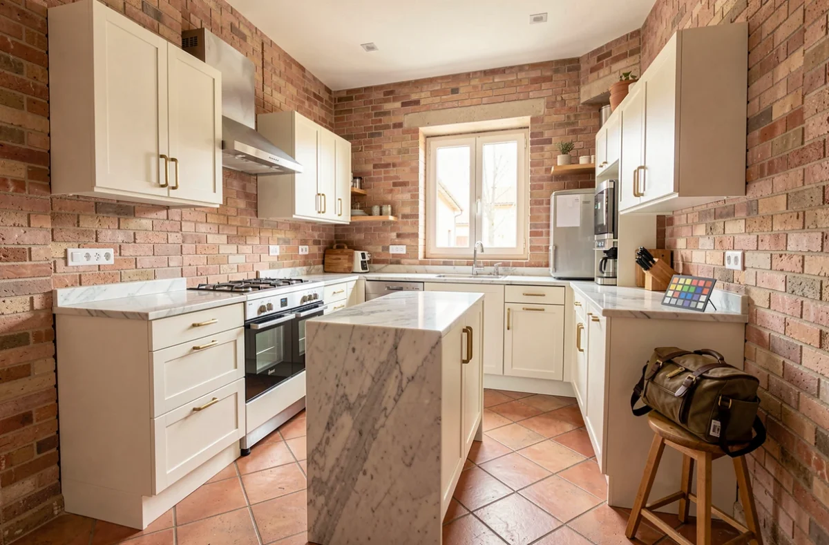 Cuisine d'une maison de ville toulousaine photographiée professionnellement pour une annonce immobilière haut de gamme