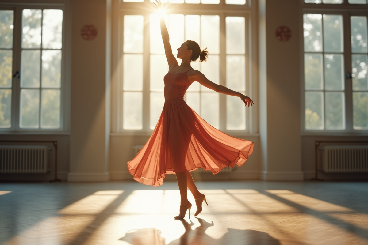 Femme dansant seule dans un studio lumineux