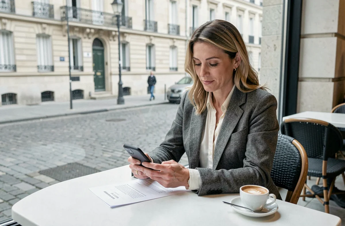 Femme demandant un devis photographe sur smartphone dans un café de Montbéliard