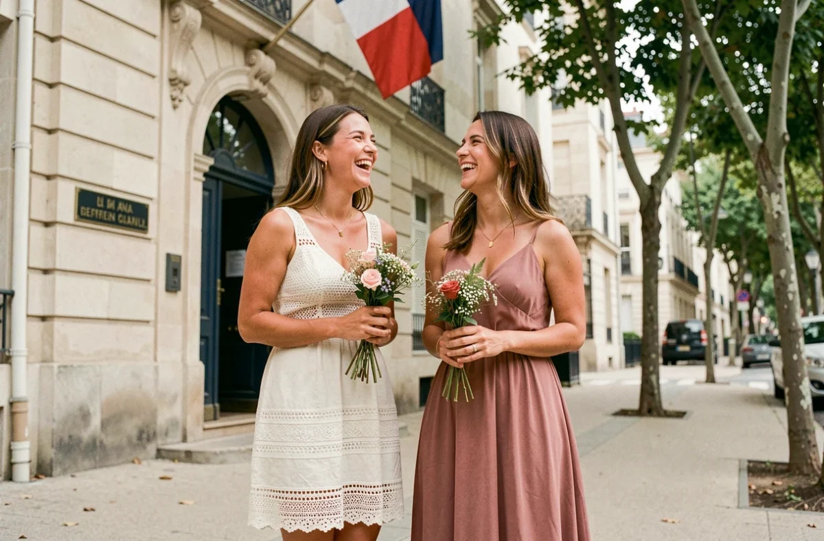 Deux mariées en robes bohèmes courte et longue devant une mairie française lors d'un mariage civil