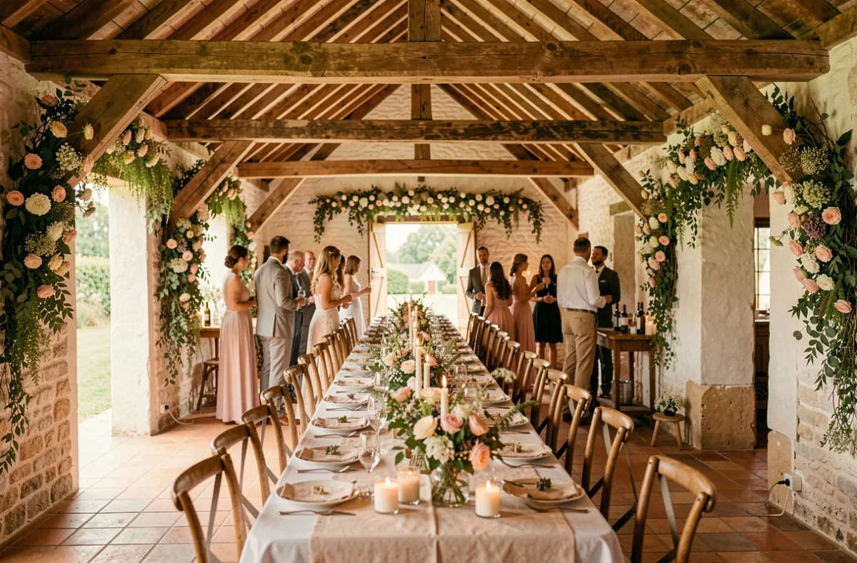 Intérieur de La Dîme de Giverny avec poutres en bois et décoration florale pour un mariage champêtre