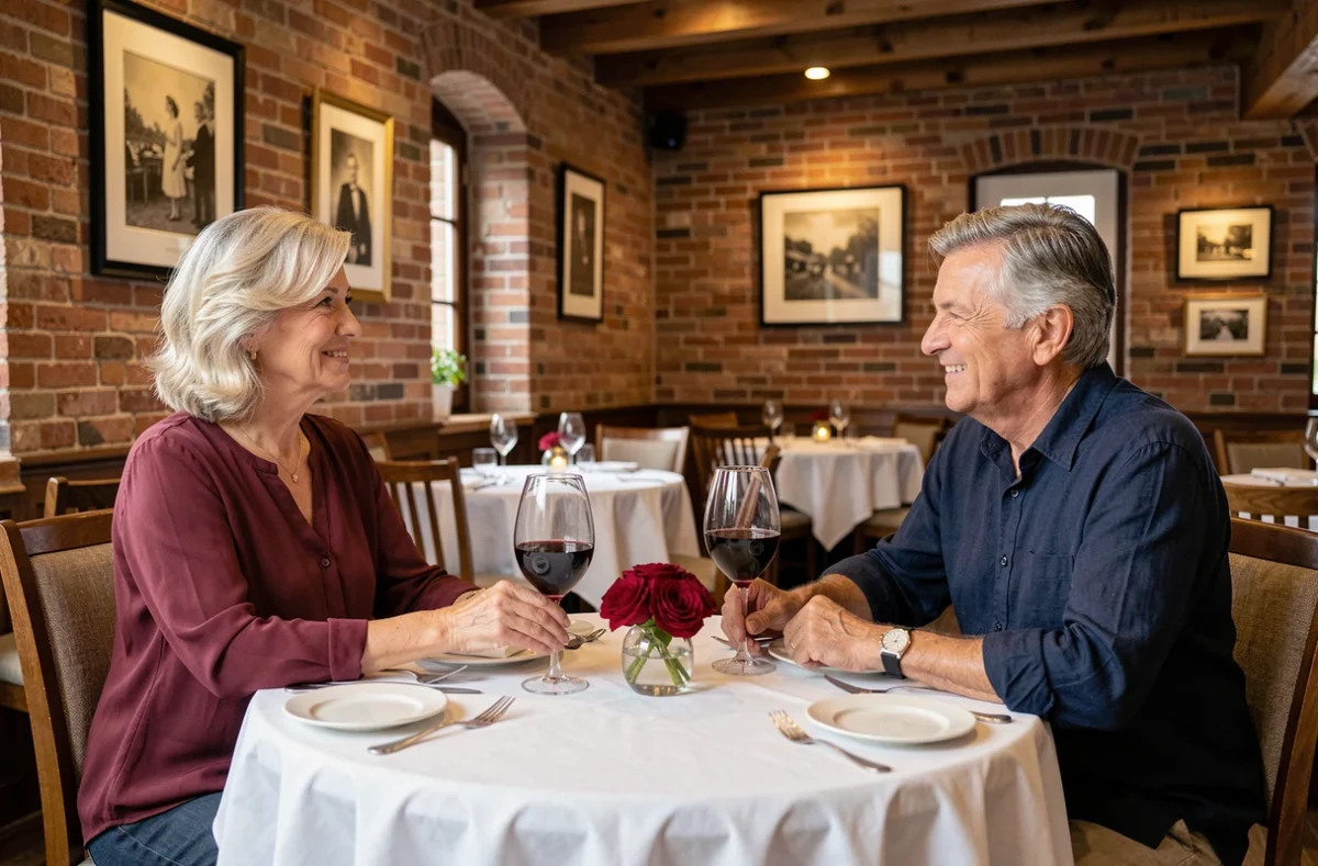Couple fêtant leurs noces de rubis au restaurant avec un verre de vin rouge pour 35 ans de mariage
