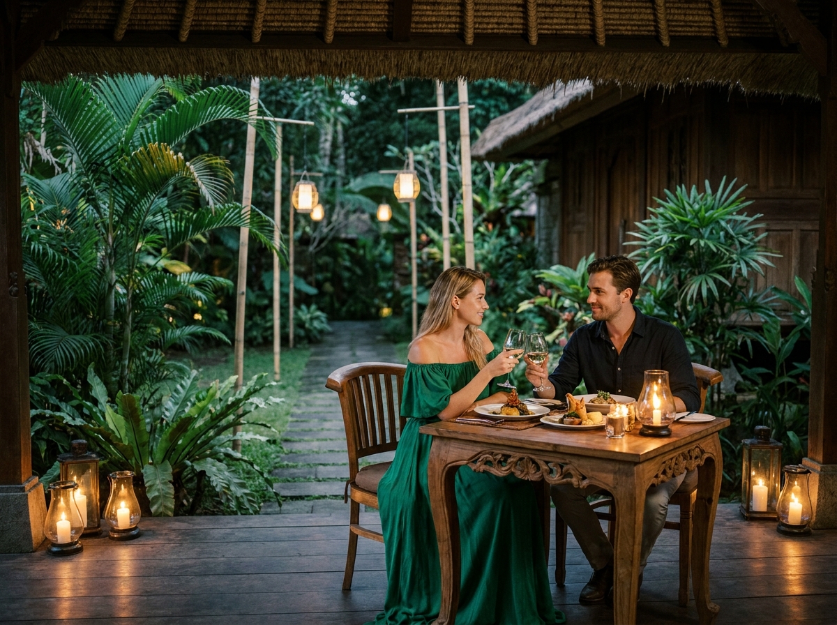 Dîner romantique en tête-à-tête pour un couple en lune de miel à Bali dans un cadre tropical
