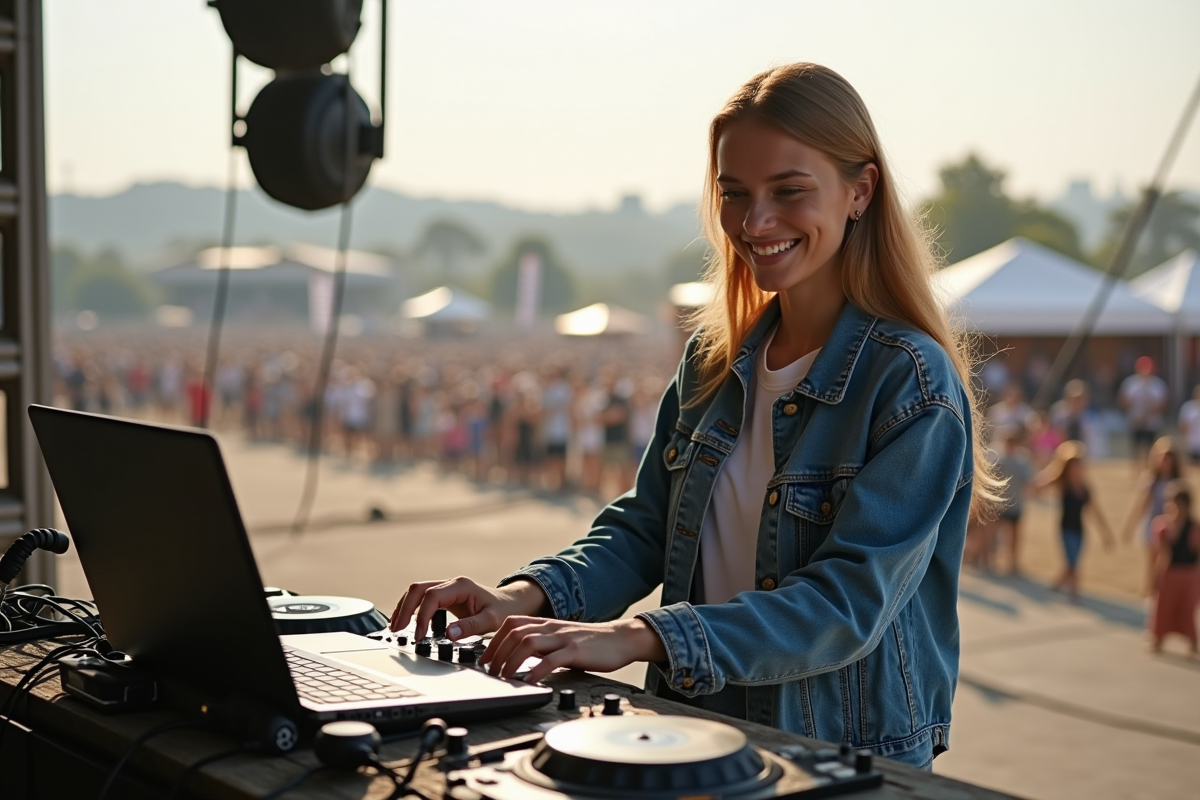 DJ femme souriante en festival en plein air