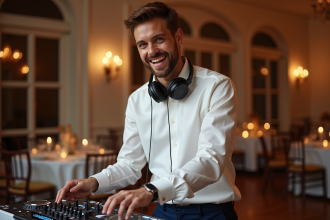 DJ homme souriant en pleine sélection musicale lors d'un mariage
