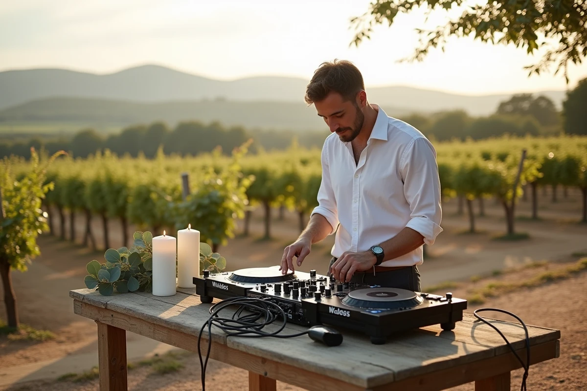 DJ professionnel installant sa sono pour un mariage en extérieur dans un domaine viticole en Provence