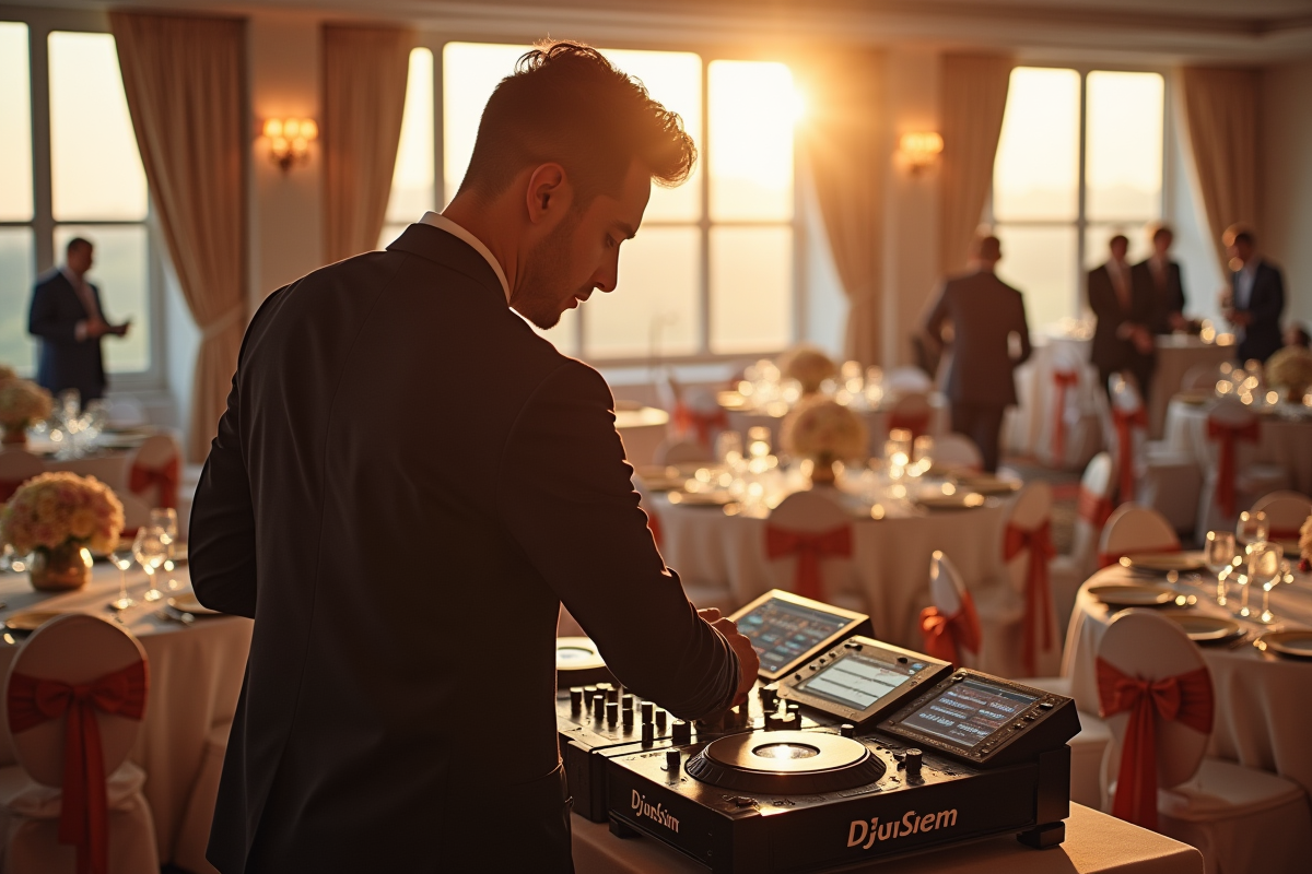 DJ moderne ajustant le son dans une salle de mariage lumineuse