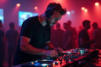DJ homme en studio club avec casque et mixeur
