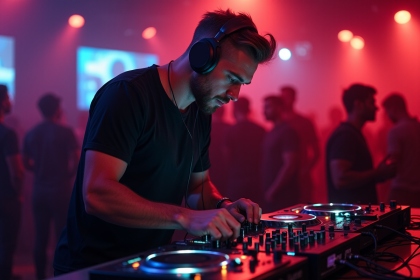 DJ homme en studio club avec casque et mixeur