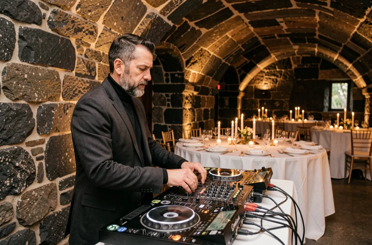 DJ Mirage en performance dans un domaine en pierre volcanique du Puy-de-Dôme en Auvergne