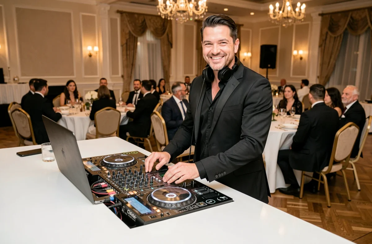 DJ Simple D en costume noir derrière sa console lors d'une animation de mariage professionnelle