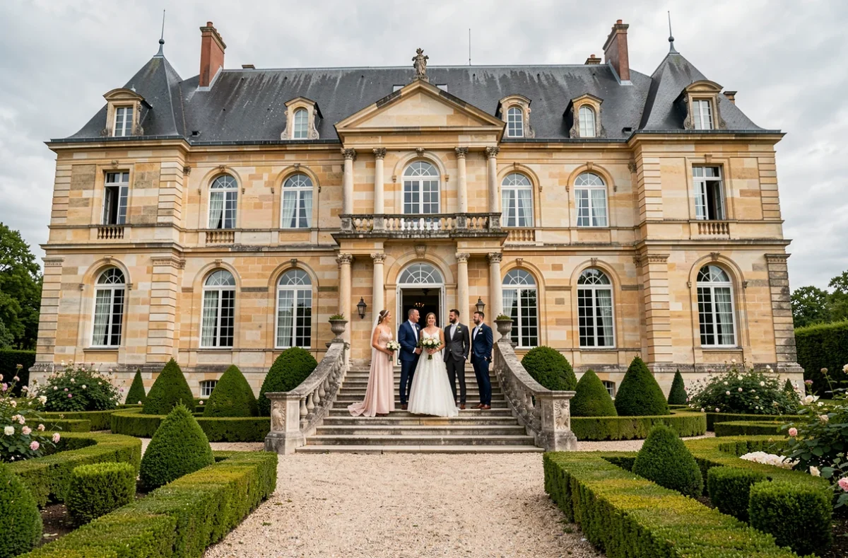 Domaine de Revelon, château du XVIIIe siècle avec jardins à la française et façade en pierre symétrique
