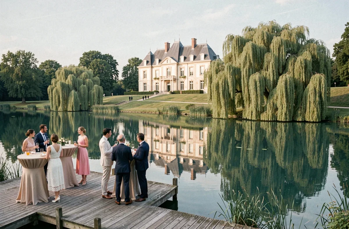 Le Domaine de l'Eau Vive, manoir avec lac naturel et pontoon en bois pour cocktail de réception en bord d'eau