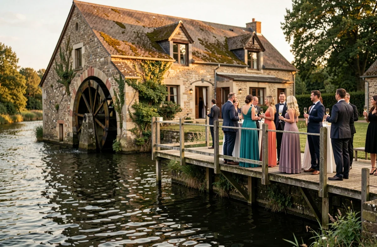 Domaine du Fil de l'Eau, moulin en pierre au bord d'une rivière avec terrasse en bois pour cocktail de réception