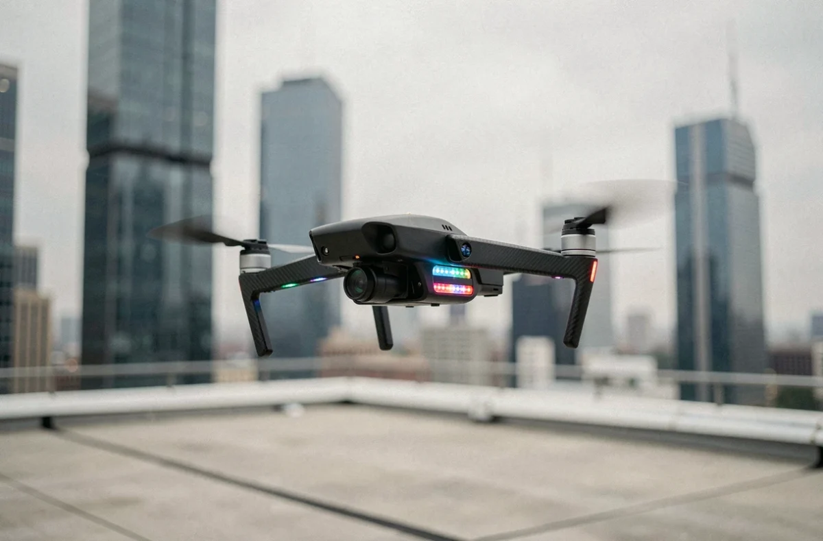Gros plan d'un drone professionnel équipé de LEDs colorées lors des répétitions d'un spectacle de lancement