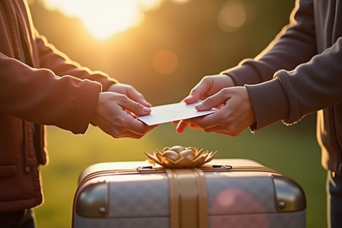 Deux mains échangeant une enveloppe sur une valise au matin