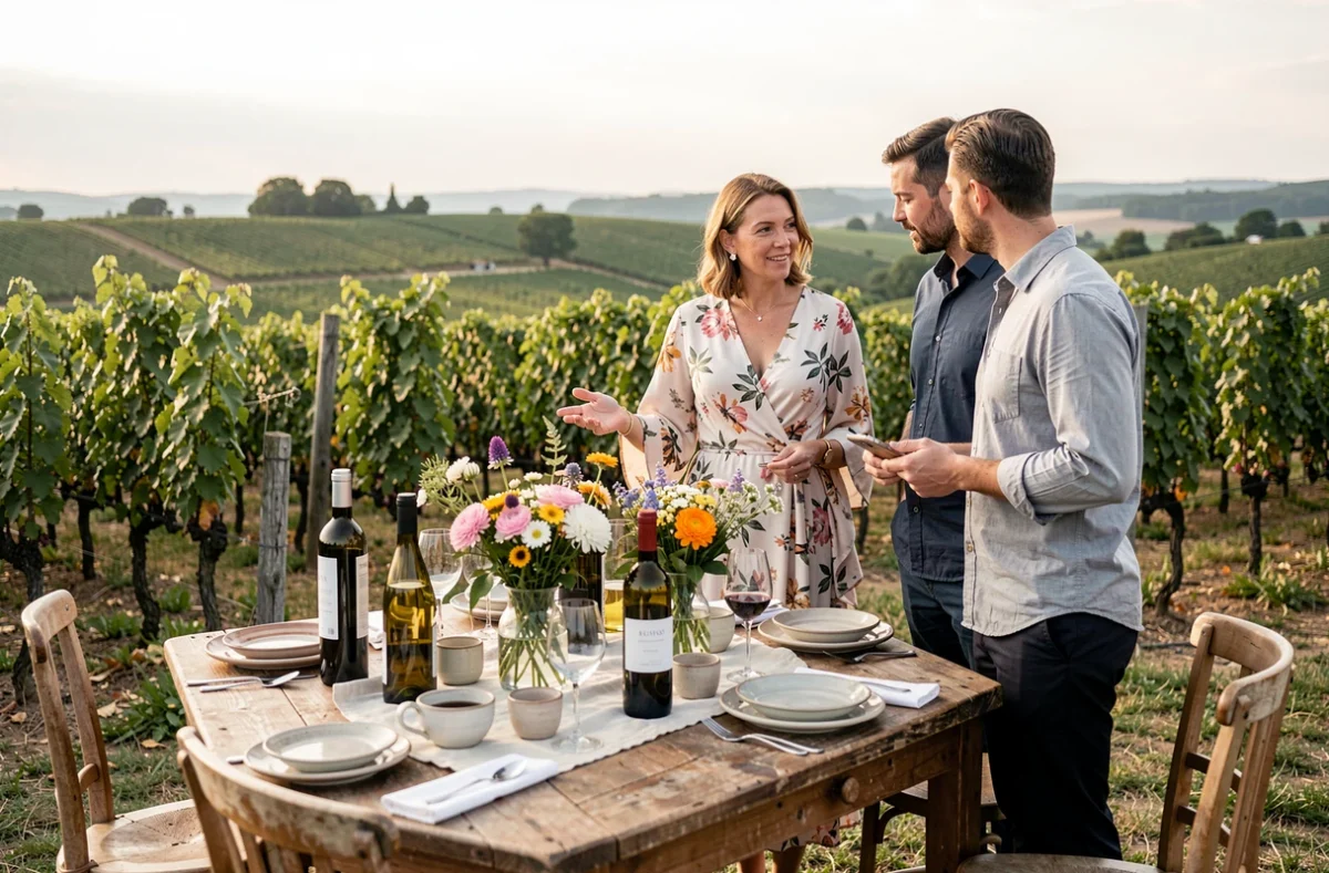 Une coordinatrice événementielle présente une table de dégustation décorée dans un vignoble proche du Pallet en Loire-Atlantique