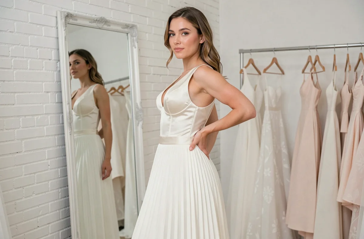 Ensemble de mariée deux pièces bustier satin et jupe crêpe dans une boutique de mariage minimaliste