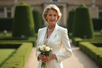 Femme élégante en ensemble pantalon ivoire pour mère de la mariée dans un jardin de château