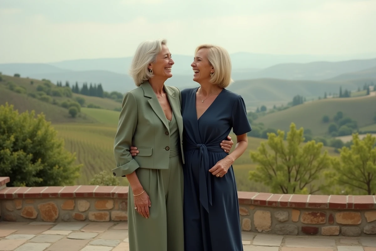 Deux femmes élégantes sur une terrasse de vignoble, l'une en ensemble pantalon vert sauge pour mère de la mariée