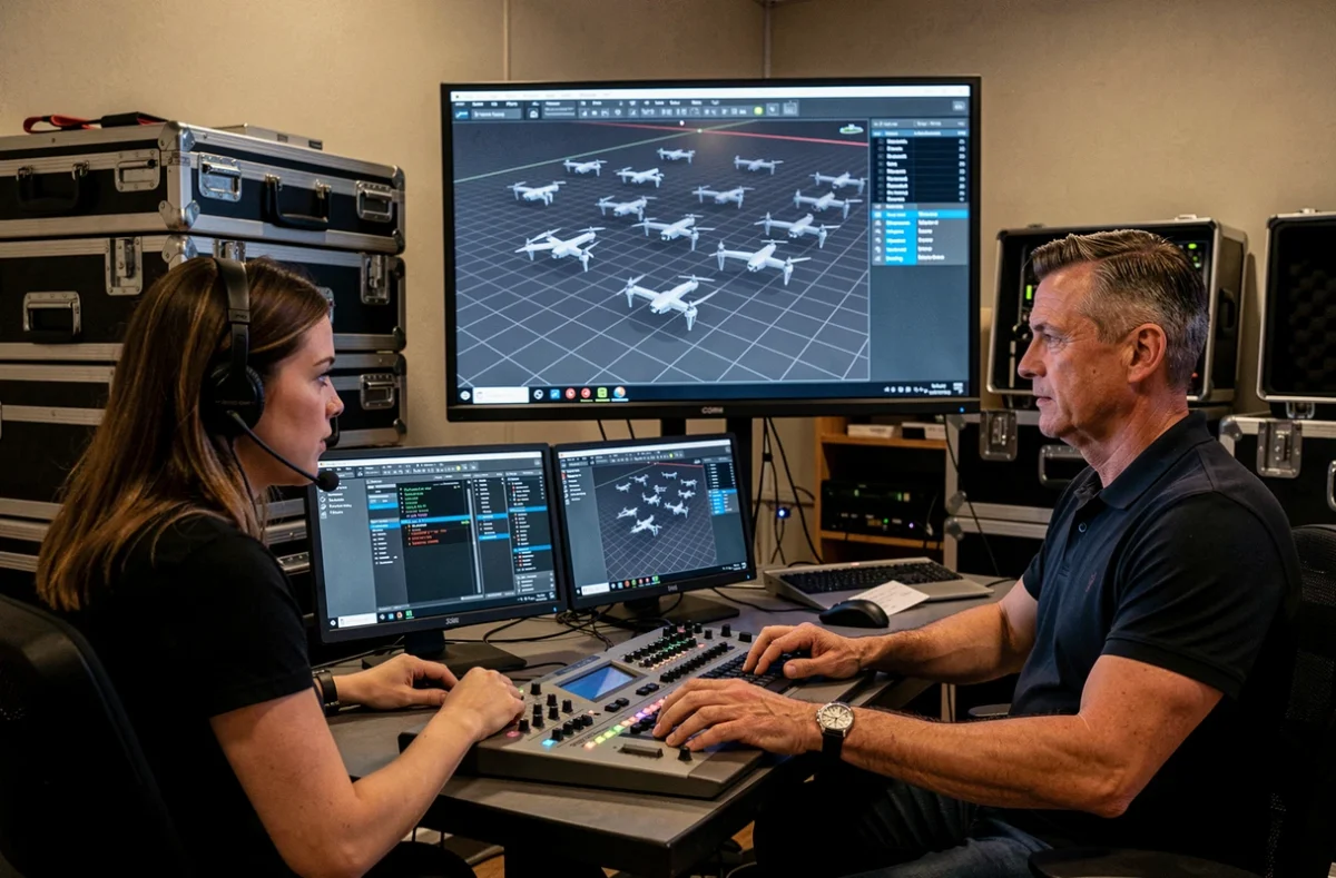 Équipe technique de pilotage de drones surveillant la chorégraphie sur écrans lors d'un lancement de produit