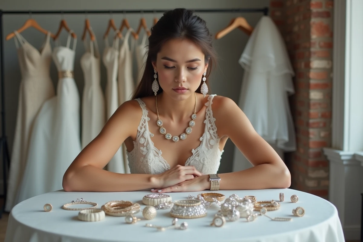 Future mariée face à trop de bijoux posés sur une table, illustrant les erreurs de choix le jour du mariage