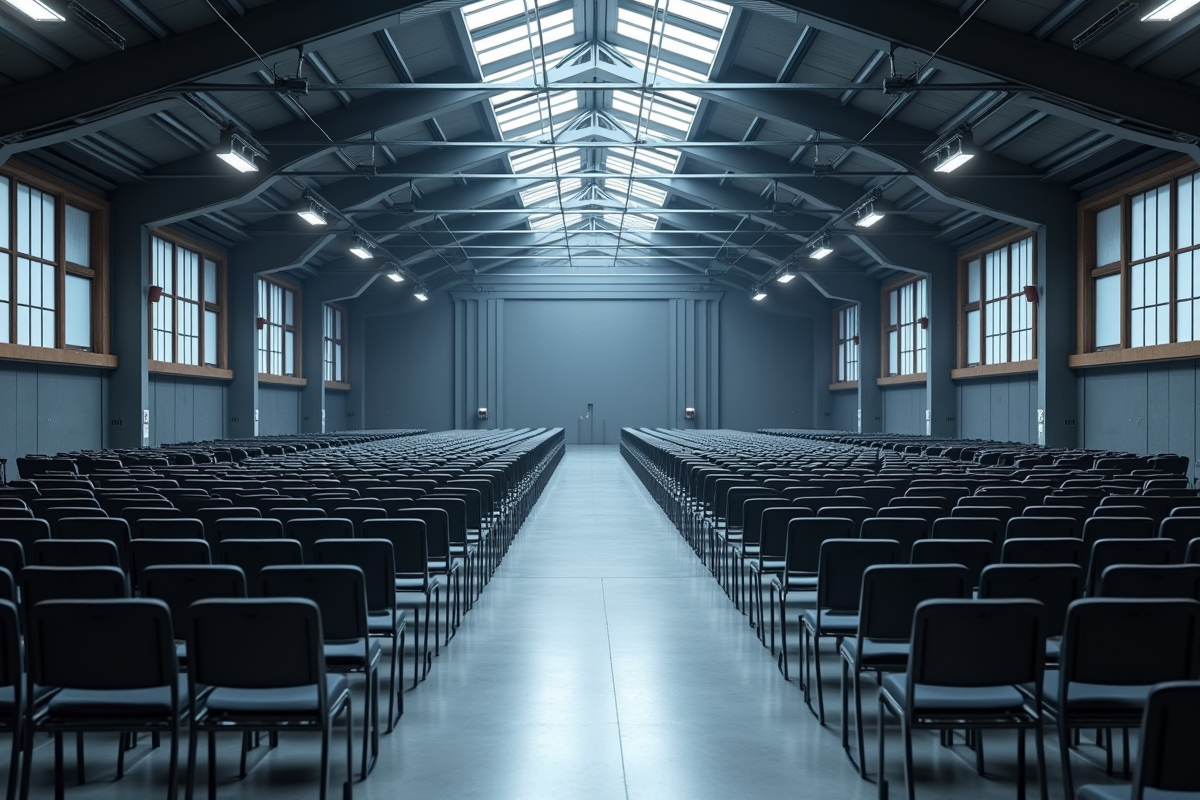 Espace industriel avec chaises empilables et plafond haut