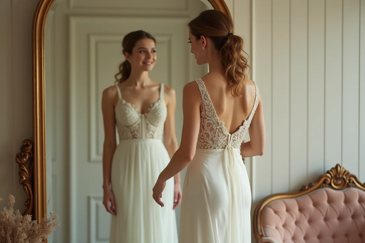 Mariée essayant une robe de mariée ivoire seconde main devant un miroir en cabine d'essayage vintage