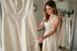 Jeune mariée essayant une robe de mariée pas chère dans une boutique modeste, examinant la qualité du tissu devant un miroir
