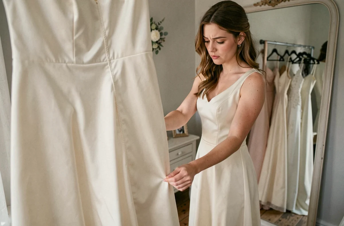 Jeune mariée essayant une robe de mariée pas chère dans une boutique modeste, examinant la qualité du tissu devant un miroir