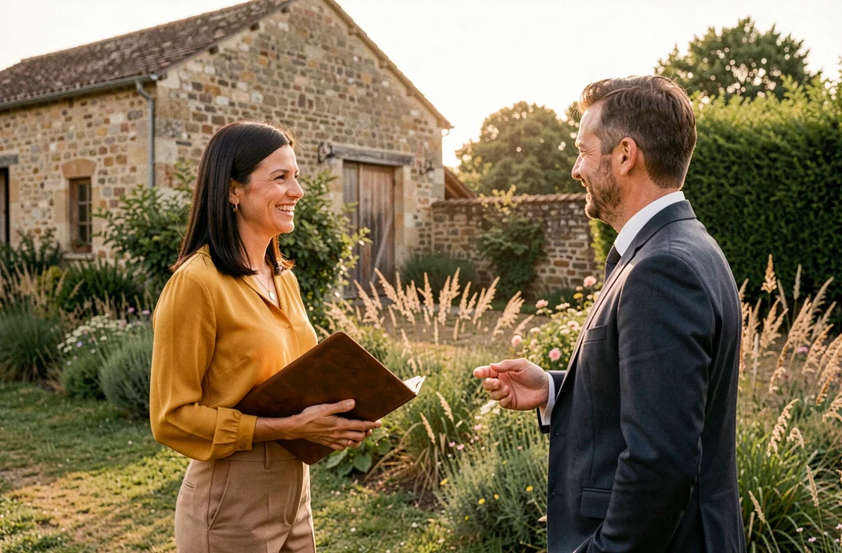 Une wedding planner à Froidfond discute d'un projet de mariage avec un couple souriant devant une grange en pierre entourée de haies sauvages