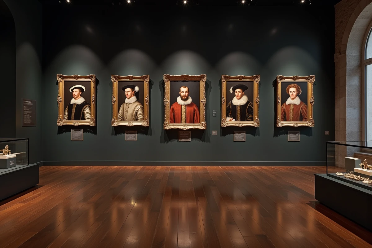 Exposition muséale avec portraits de nobles Tudor illustrant les époux de Catherine Parr