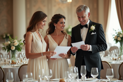 Famille élégante lors d'un mariage en salle raffinée