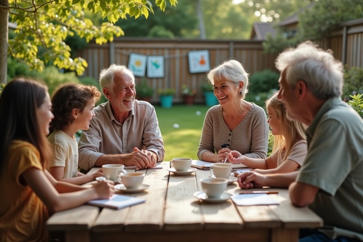 Famille multigeneration discutant de noms de b&eacute;b&eacute; dans un jardin en plein air