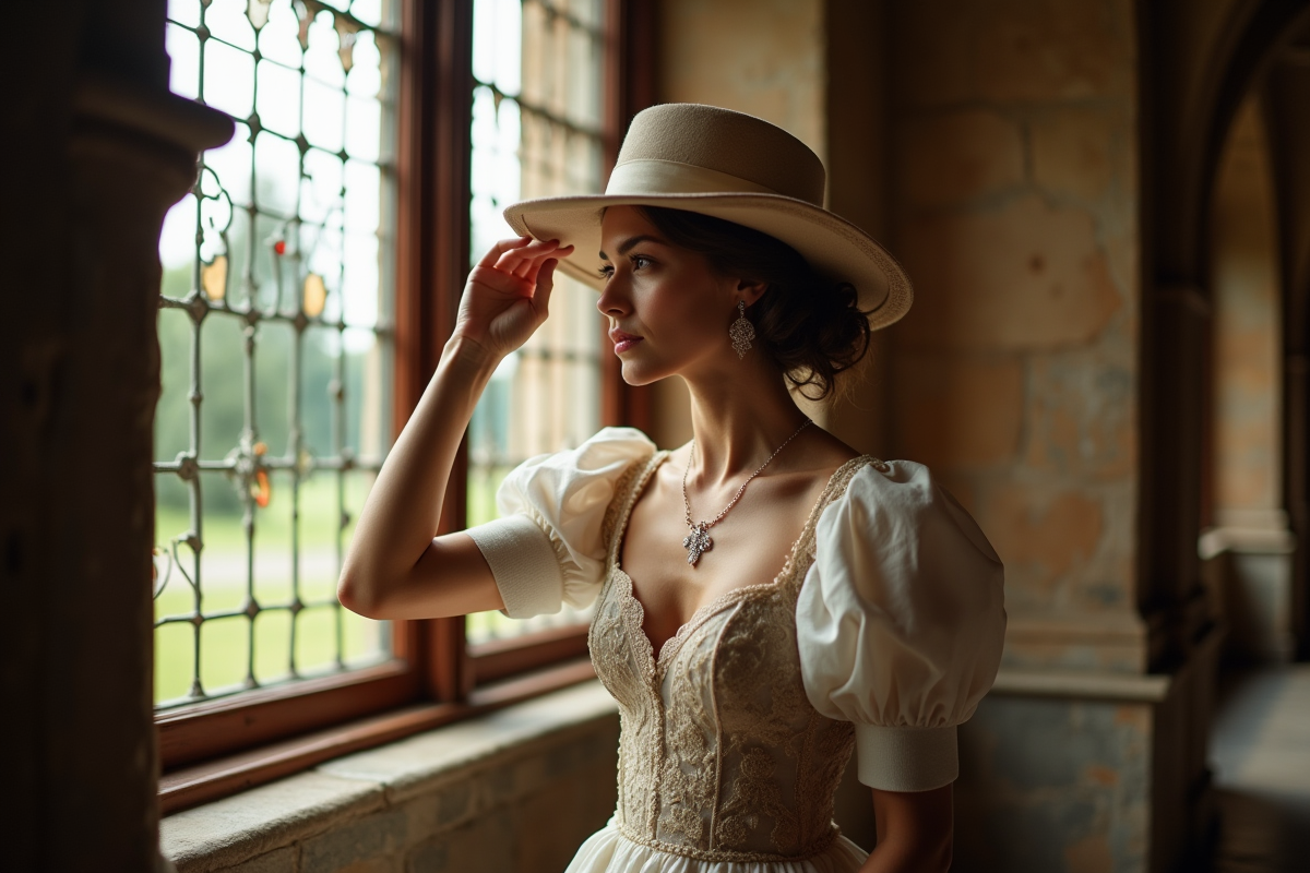 Femme sophistiquée ajustant son chapeau dans une salle historique