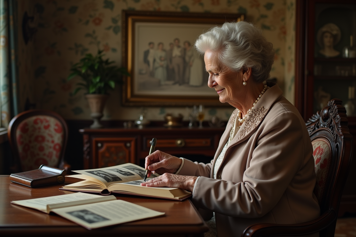 Femme âgée feuilletant un album photo de mariage ancien