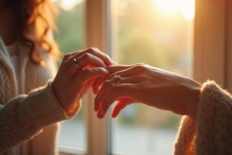 Jeune femme posant un anneau de promesse sur son doigt
