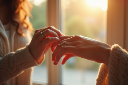 Jeune femme posant un anneau de promesse sur son doigt