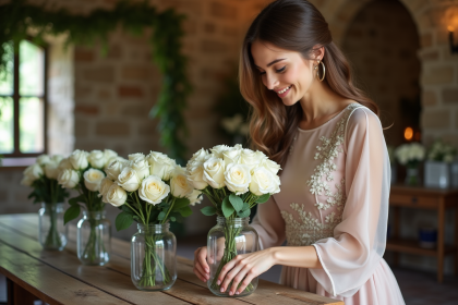 Jeune femme arrangeant des roses blanches pour un mariage