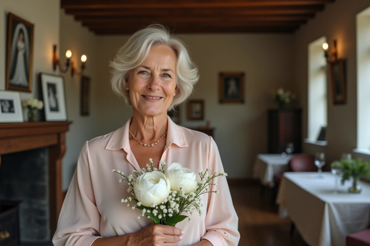 Femme d'une cinquantaine d'années tenant un bouquet de pivoines blanches lors d'une cérémonie de renouvellement de vœux pour les 36 ans de mariage
