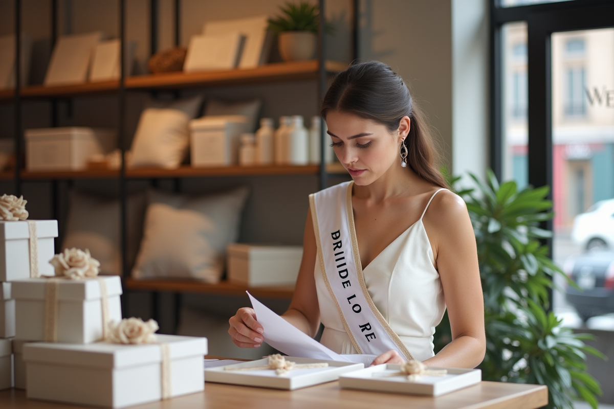 Jeune femme examine des cadeaux dans une boutique chic