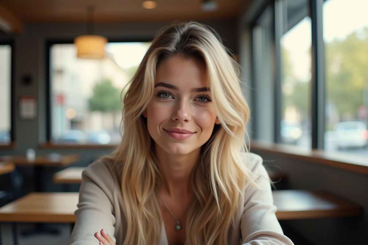 Femme souriante assise dans un café en lumière naturelle