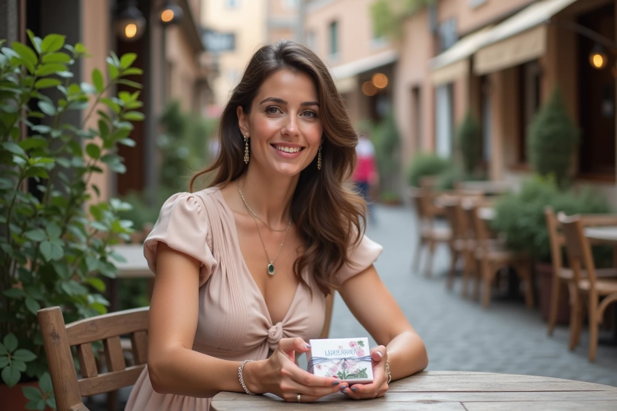 Femme tenant note et cadeau dans un caf&eacute; europ&eacute;en